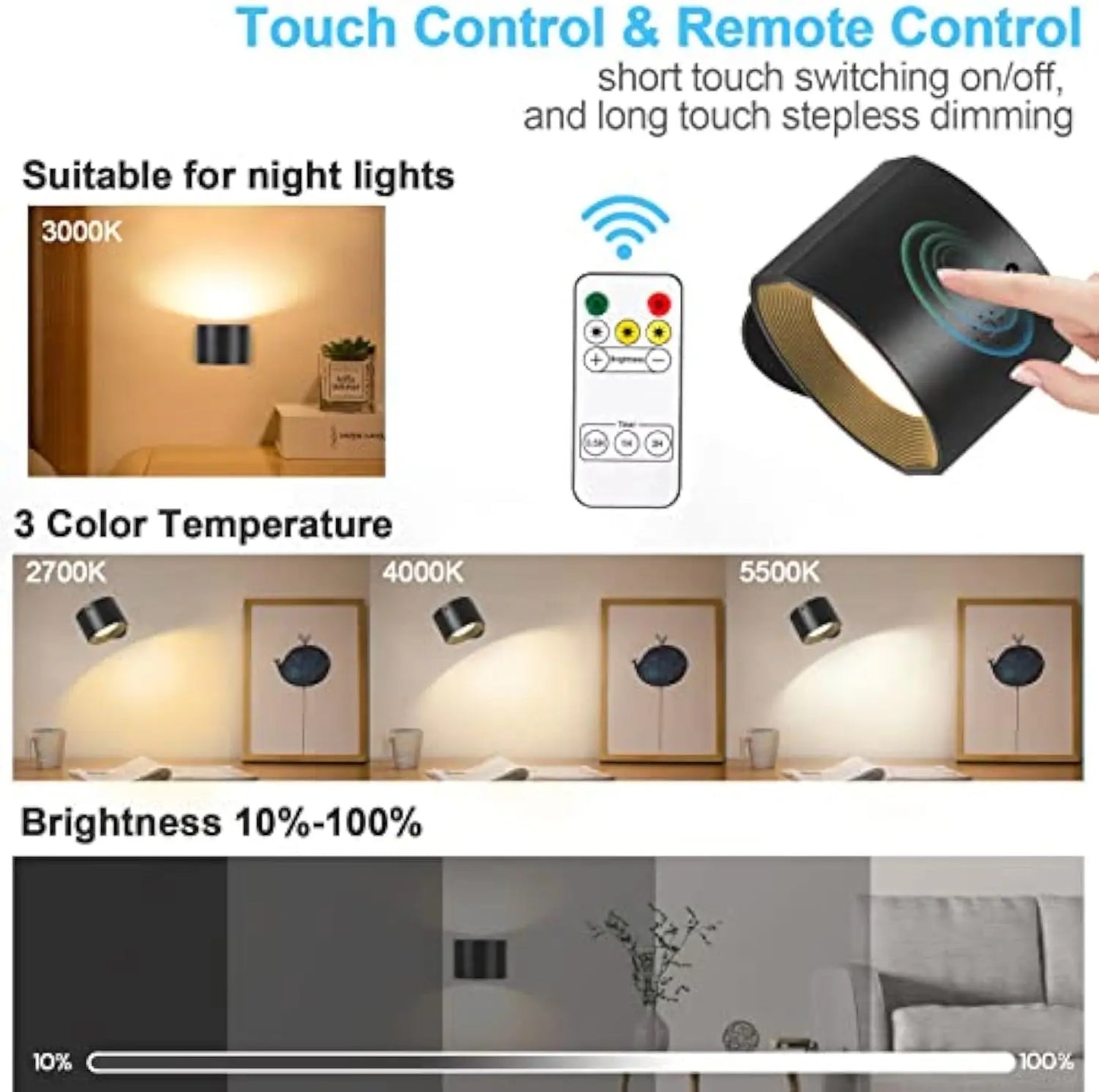 Led 2 in 1 Wall Lights Touch Control 2000mah Battery Usb Recharge 360° Rotatable Wireless Portable  Bedroom Reading Night Lamp